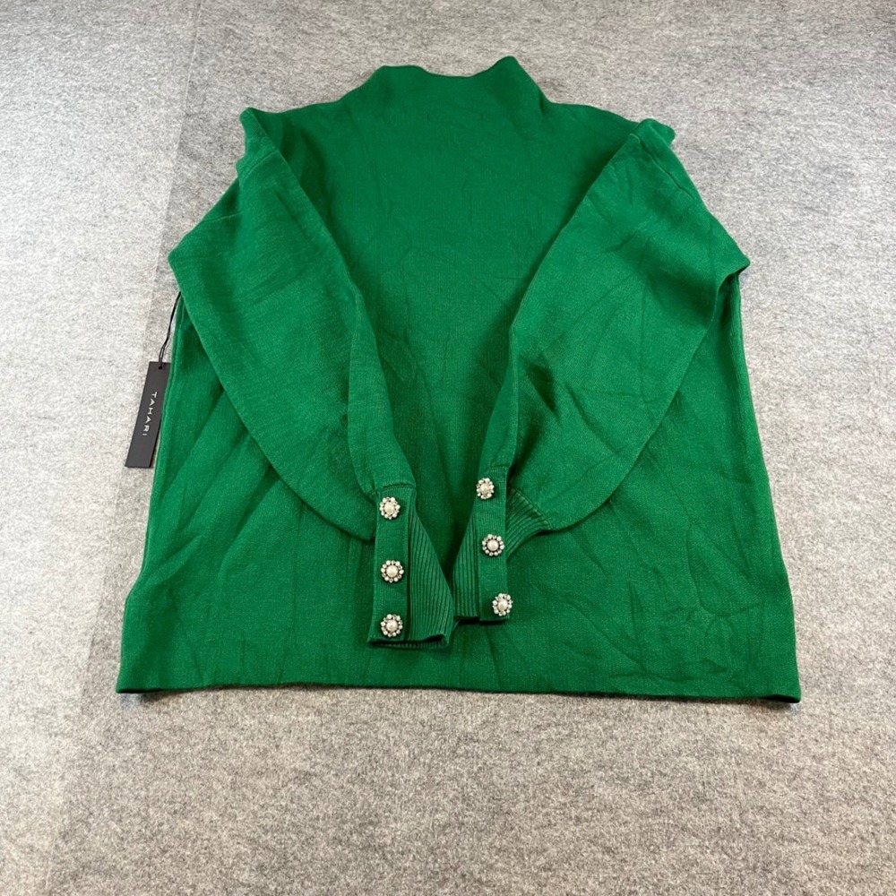 Tahari Womens Mock Neck Sweater Green Pearl Button Cuff Pullover L Holiday Chic - Picture 3 of 8